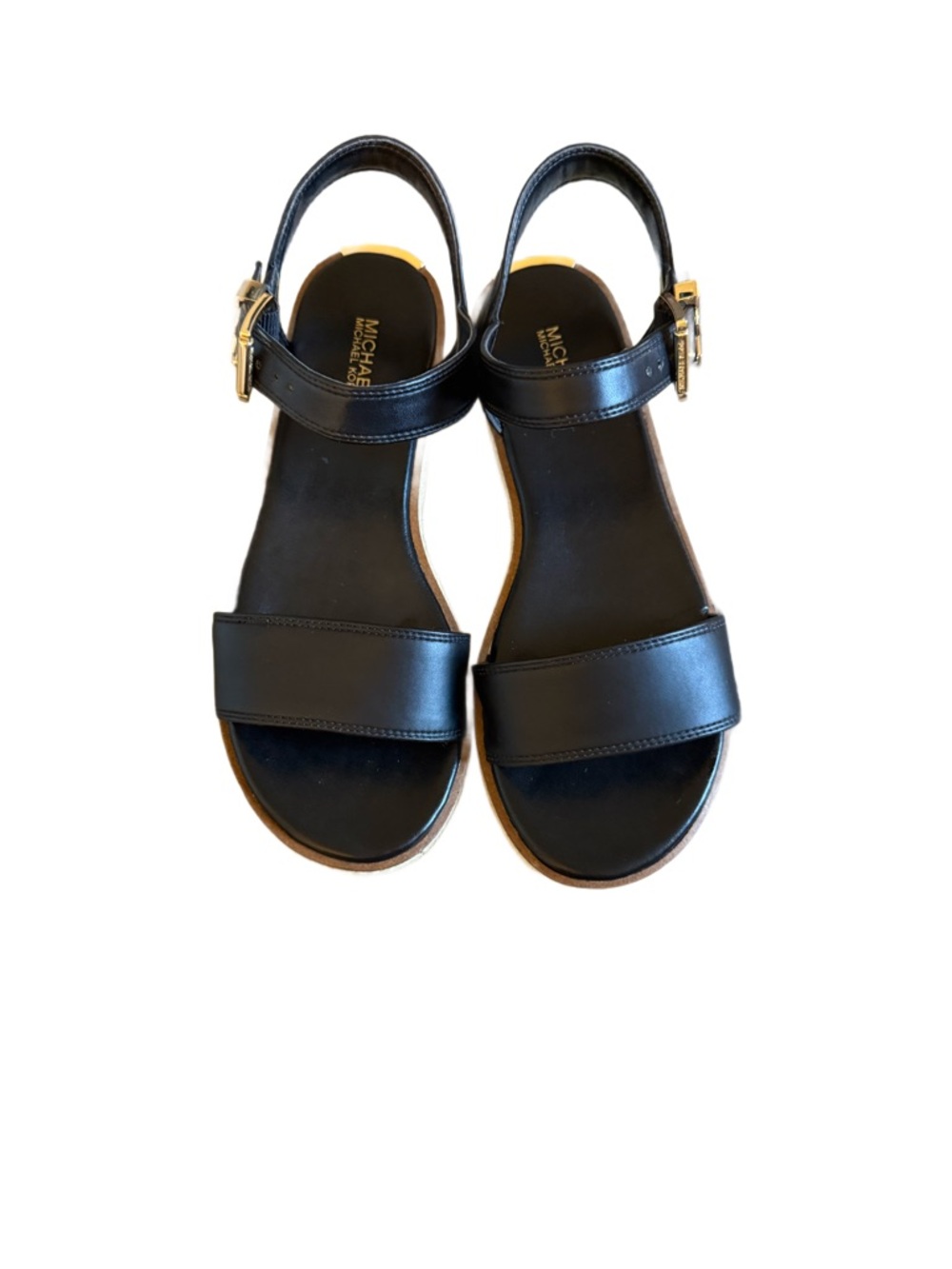 Michael Kors Black Leather Espadrille Wedge Sandals with Gold MK Buckle - Picture 2 of 6